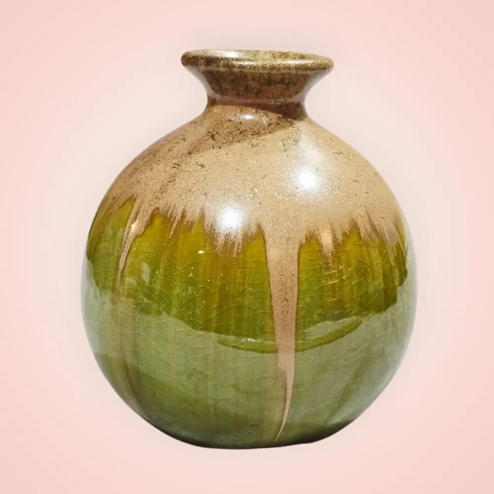 Pottery Bud Vase Green Tan Drip‎ Glaze 5